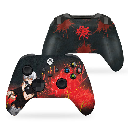 Xbox Series X/S controller front and back views, black with red anime splash artwork