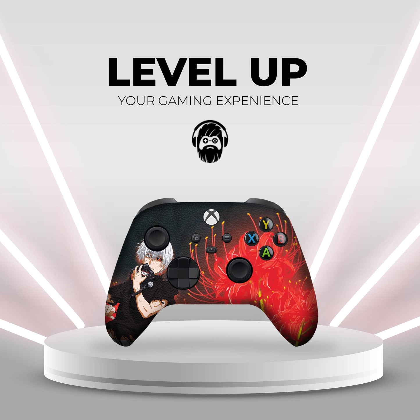 Xbox Series X/S controller on display stand, black with red anime design and colored action buttons