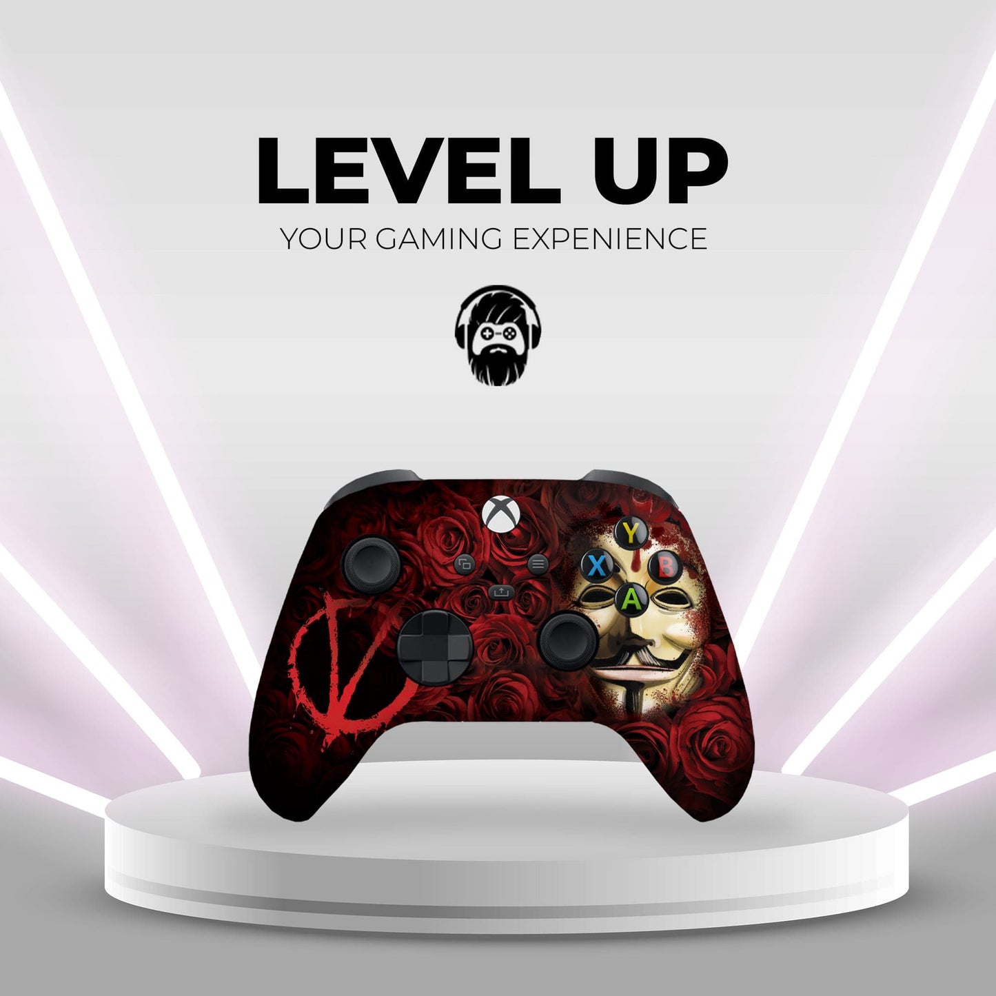 Xbox controller on display stand with red rose V mask face artwork and colored A/B/X/Y icons