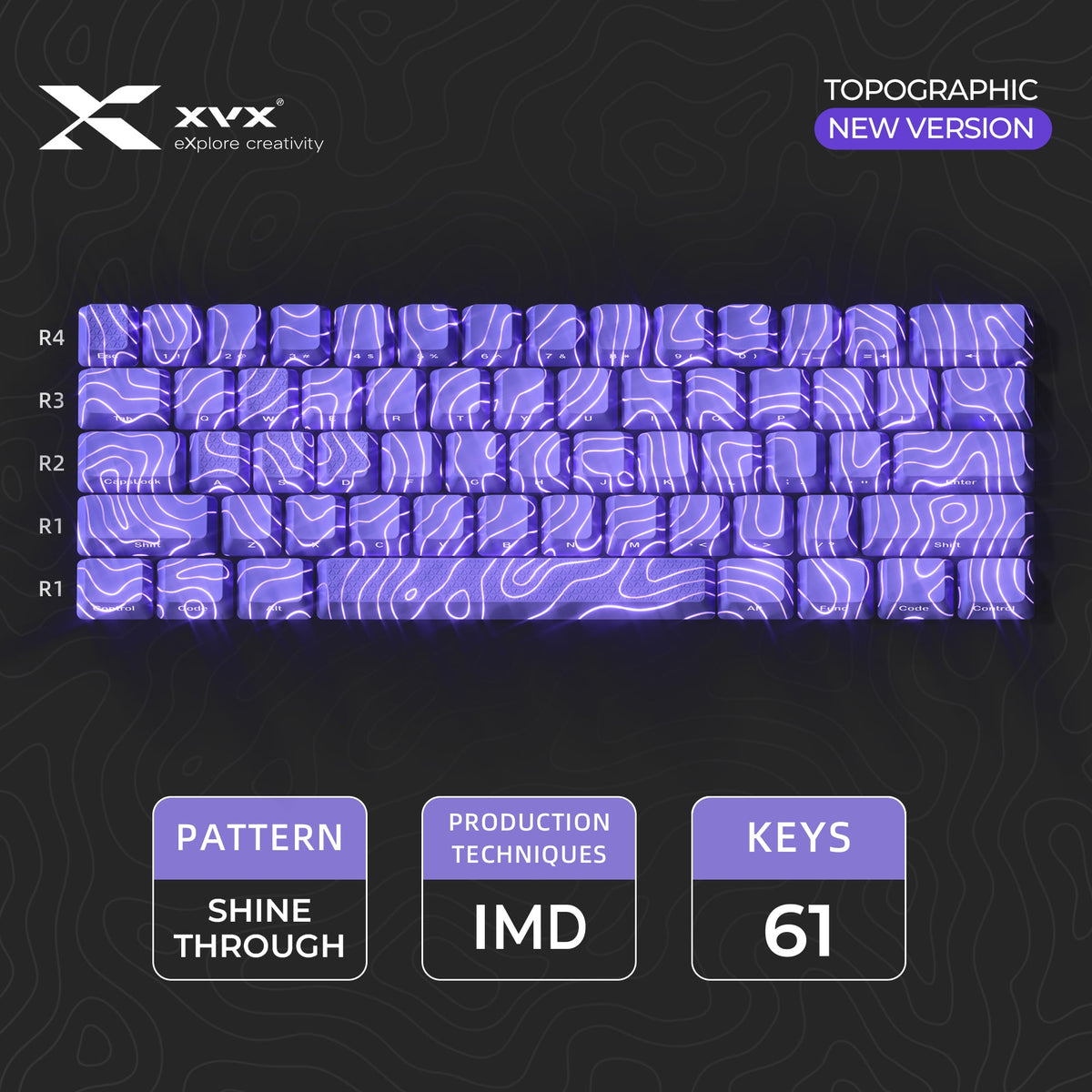 Purple topographic shine-through keycap set, 61-key IMD keycaps