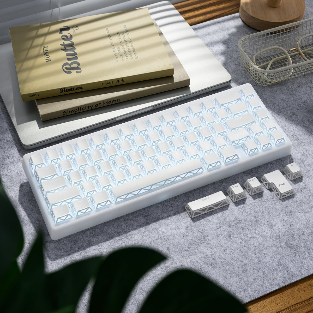 Cyan prism PBT keycap set with shine-through pattern, cherry profile caps in tray