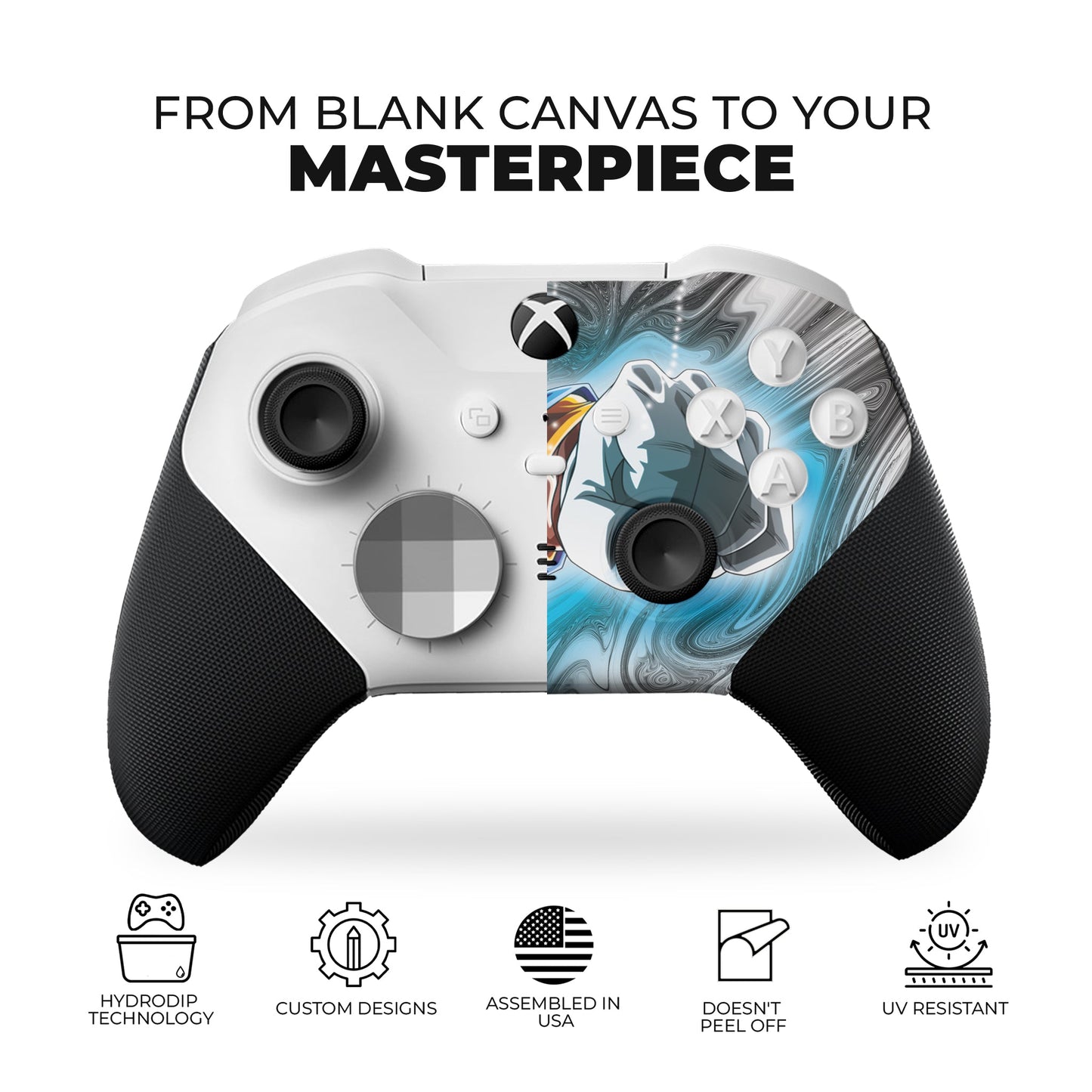 Xbox controller back view with white marble swirls and black textured grip sides