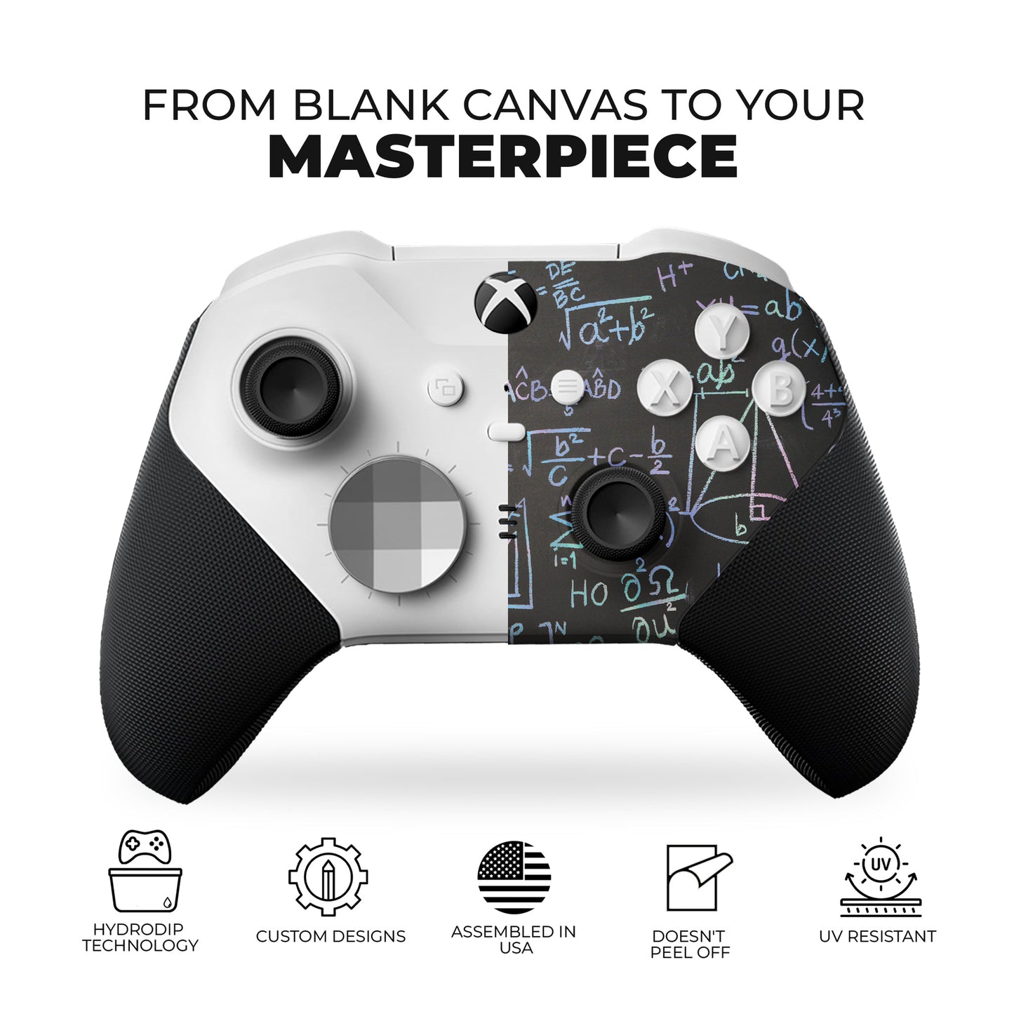 Black and gray controller back with hydro-dip science equations and E=mc graphic