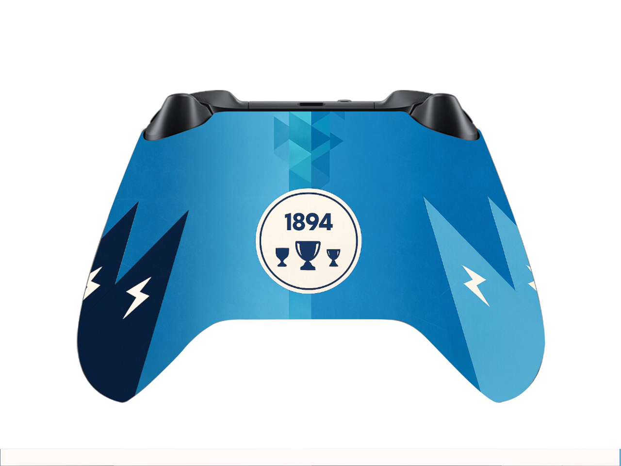 Blue Xbox Series X/S controller back with 1894 crest and lightning pattern