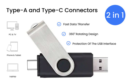 Rotating dual USB flash drive with silver connector sleeve and black base