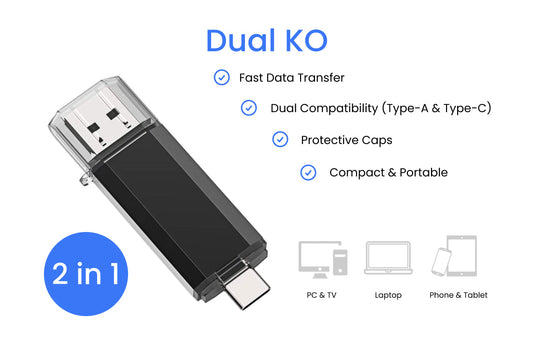 KO II dual USB flash drive with clear protective caps and black unprinted housing