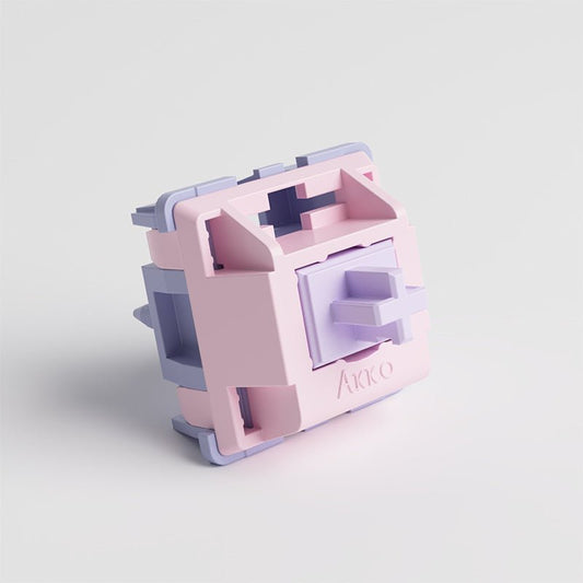 Mechanical keyboard switch, side view of pastel pink AKKO housing with copper pins