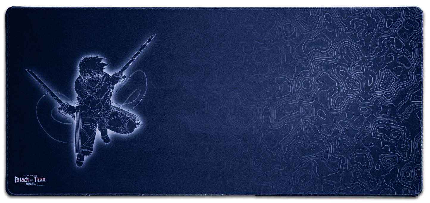 Dark blue anime desk mat with character illustration on left and swirling topographical lines