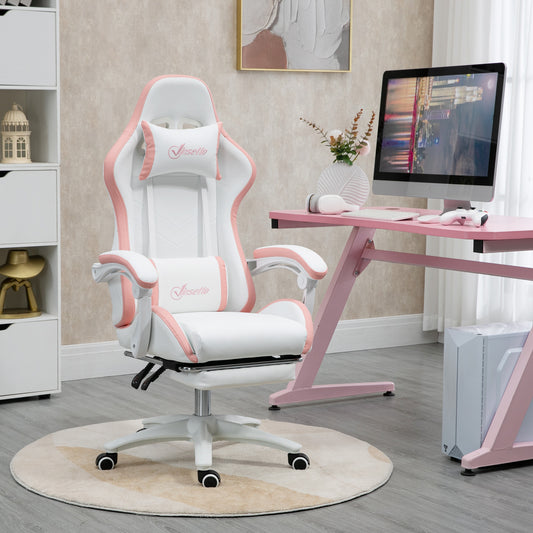 Vinsetto gaming chair, white backrest with pink trim and padded side cushions