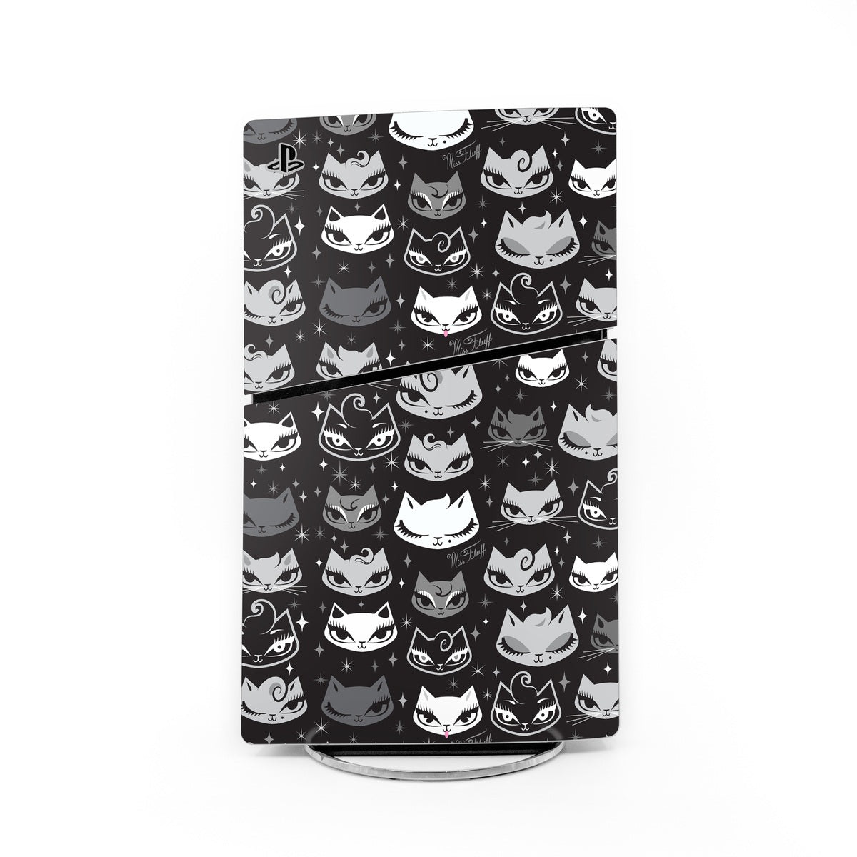 Sony PS5 Slim skin with playful cartoon cat face pattern on dark background