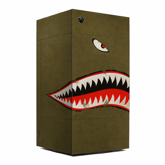 Xbox Series X console skin, green camouflage with shark eye and teeth design, top Xbox logo