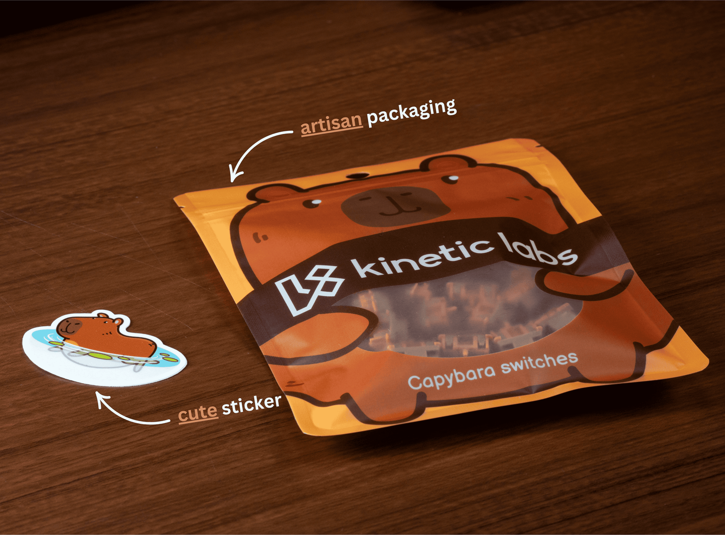Capybara switch pouch packaging with Kinetic Labs logo and cute sticker