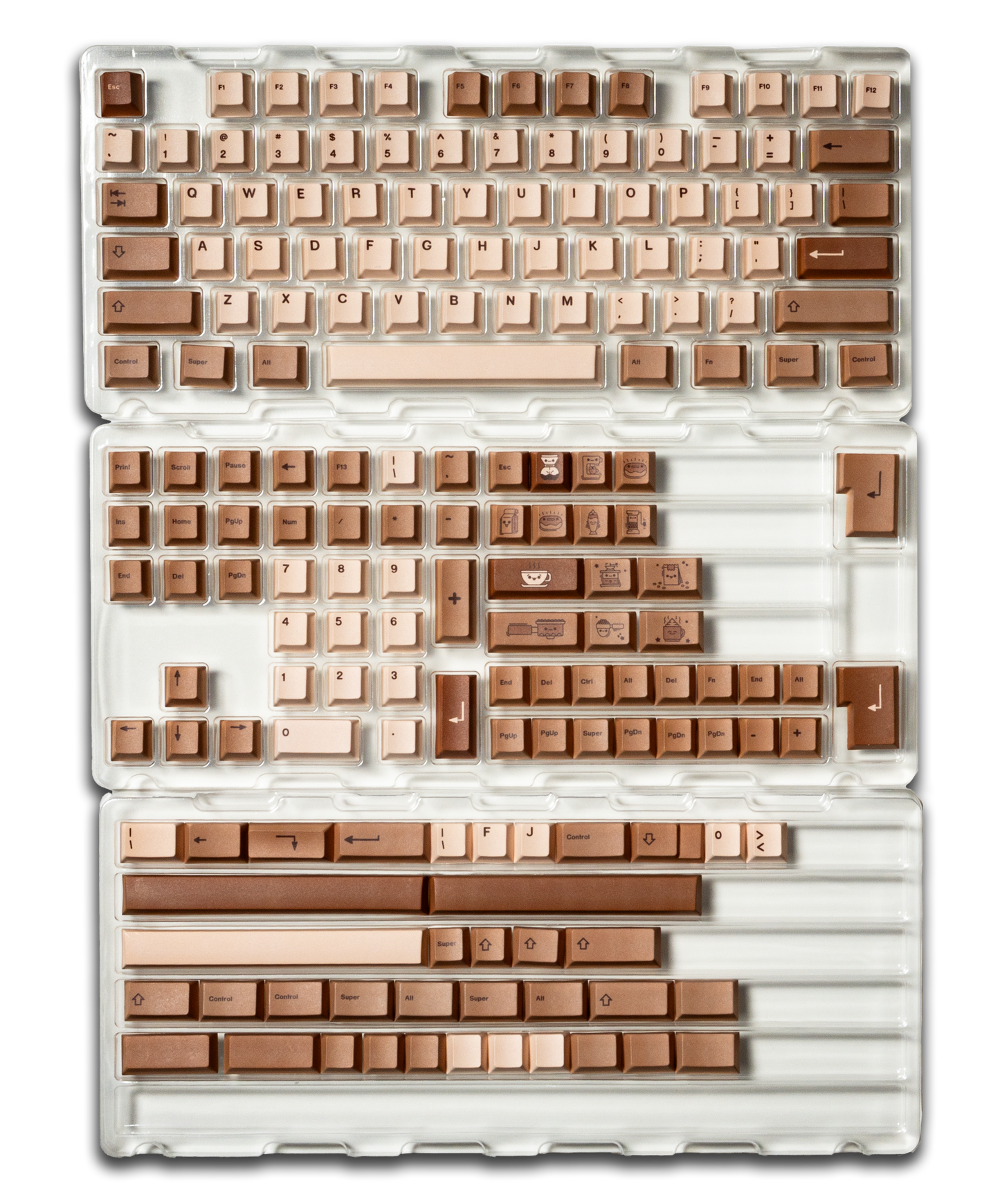 Coffee-themed PBT keycap set displayed in clear trays with beige and brown keycaps