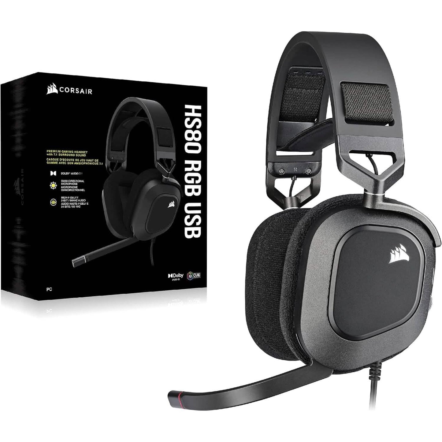 Corsair HS80 RGB gaming headset and product box