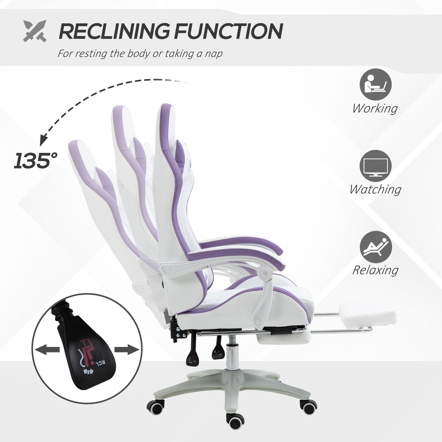 Vinsetto gaming chair reclines up to 135°, white seat with purple accents