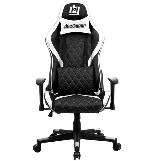 Ergonomic gaming chair, black and white with headrest, lumbar cushion, and padded armrests