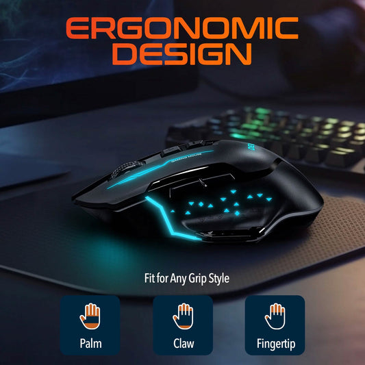 Ergonomic wireless gaming mouse with blue LED pattern along the side and front