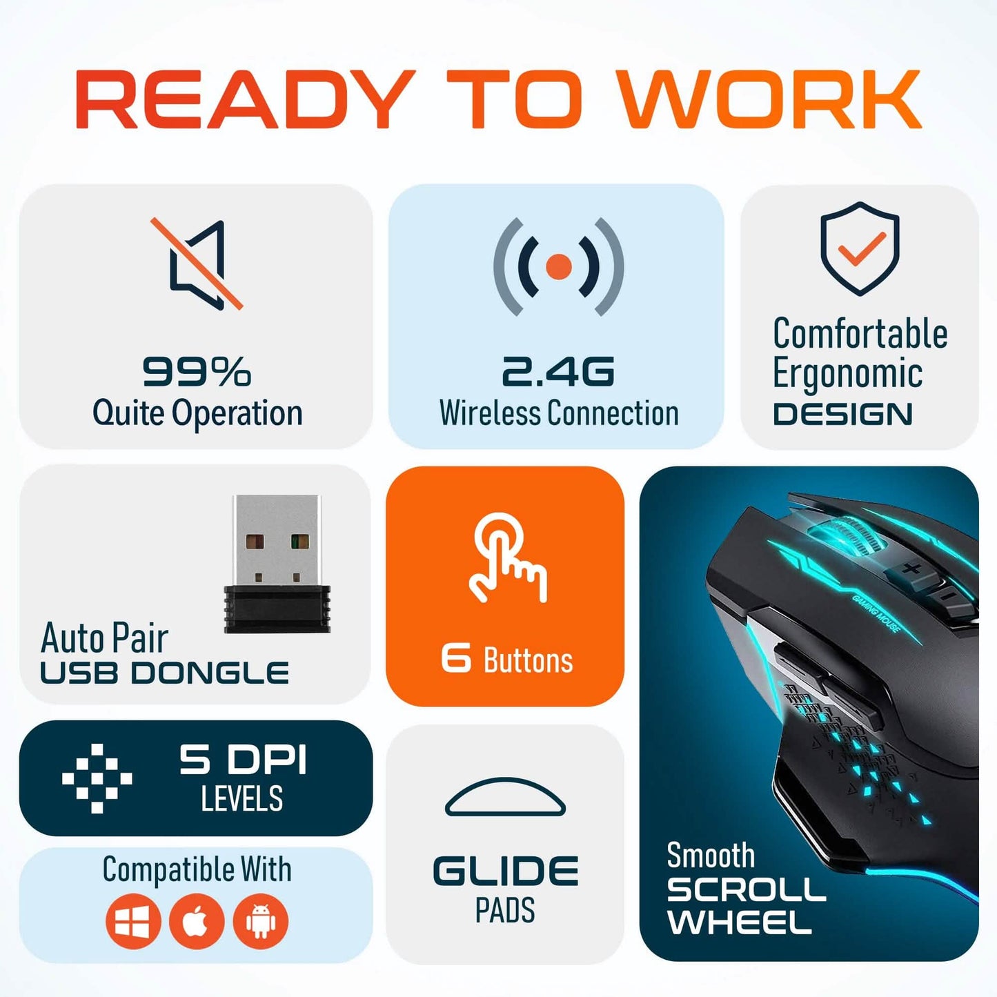 Wireless gaming mouse with included USB dongle accessory and smooth scroll wheel