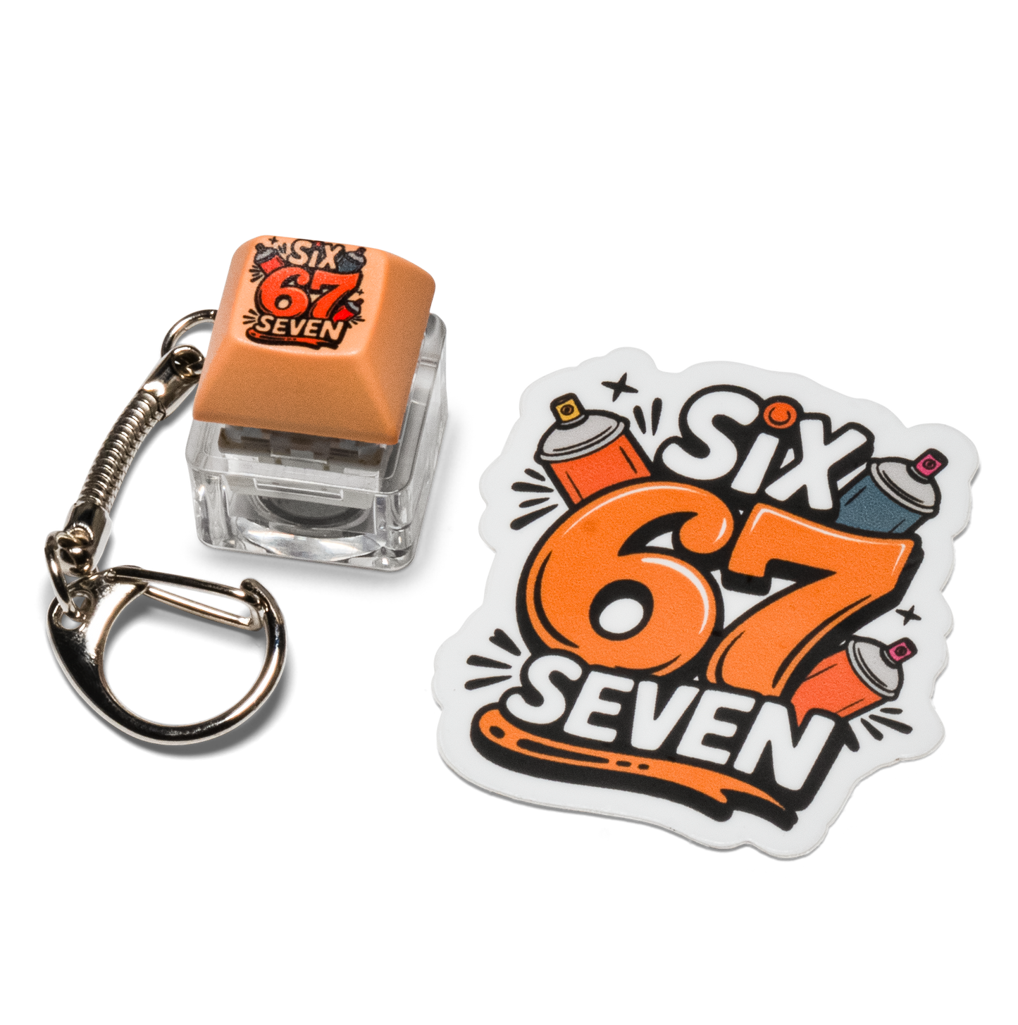 Keycap fidget keychain with orange six-seven keycap and matching six-seven sticker