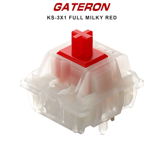 Milky red mechanical keyboard switch with translucent housing and red stem