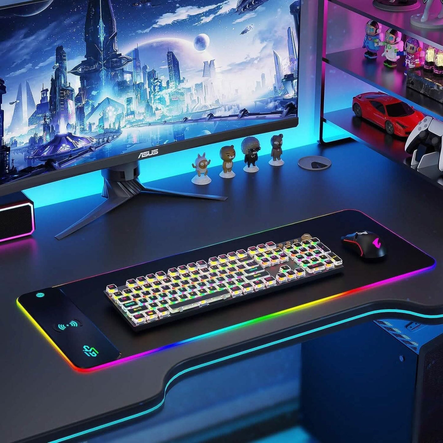 Black RGB gaming mouse pad with multicolor LED border and wireless charging logo