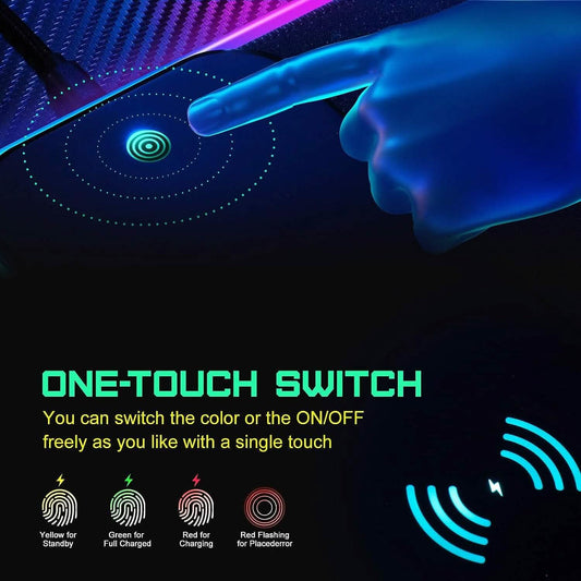 Black gaming mouse pad with glowing circular wireless charging indicator and RGB lighting