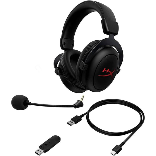 Black over-ear wireless gaming headset with boom mic and USB audio cables