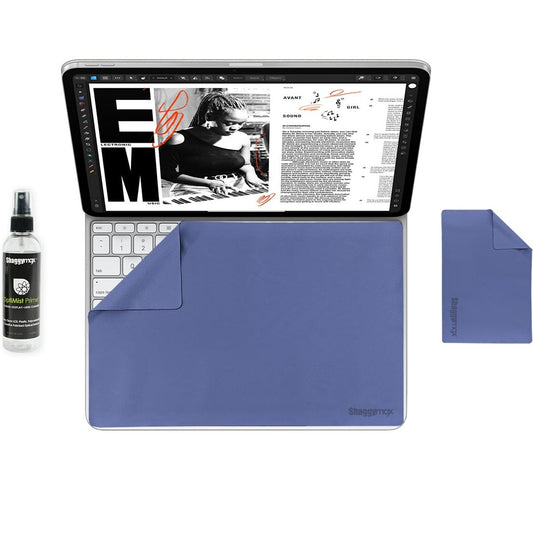 Microfiber cleaning pad kit with screen cleaner spray and blue pouch