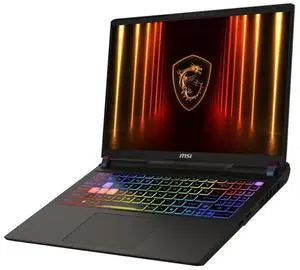 MSI gaming laptop open, RGB keyboard glow and gold logo screen