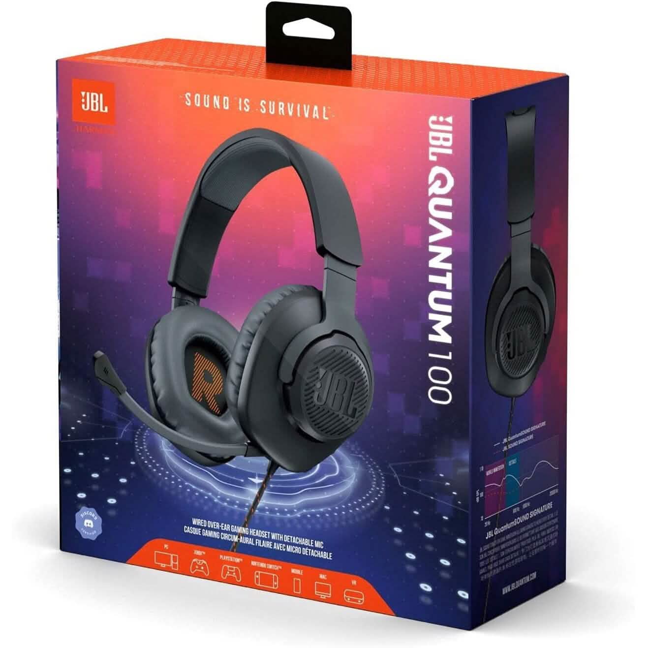 Retail box for JBL wired over-ear gaming headphones, angled view with black headset