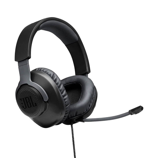JBL Quantum 100 wired over-ear headphones showing left ear cup, headband, and attached mic cable