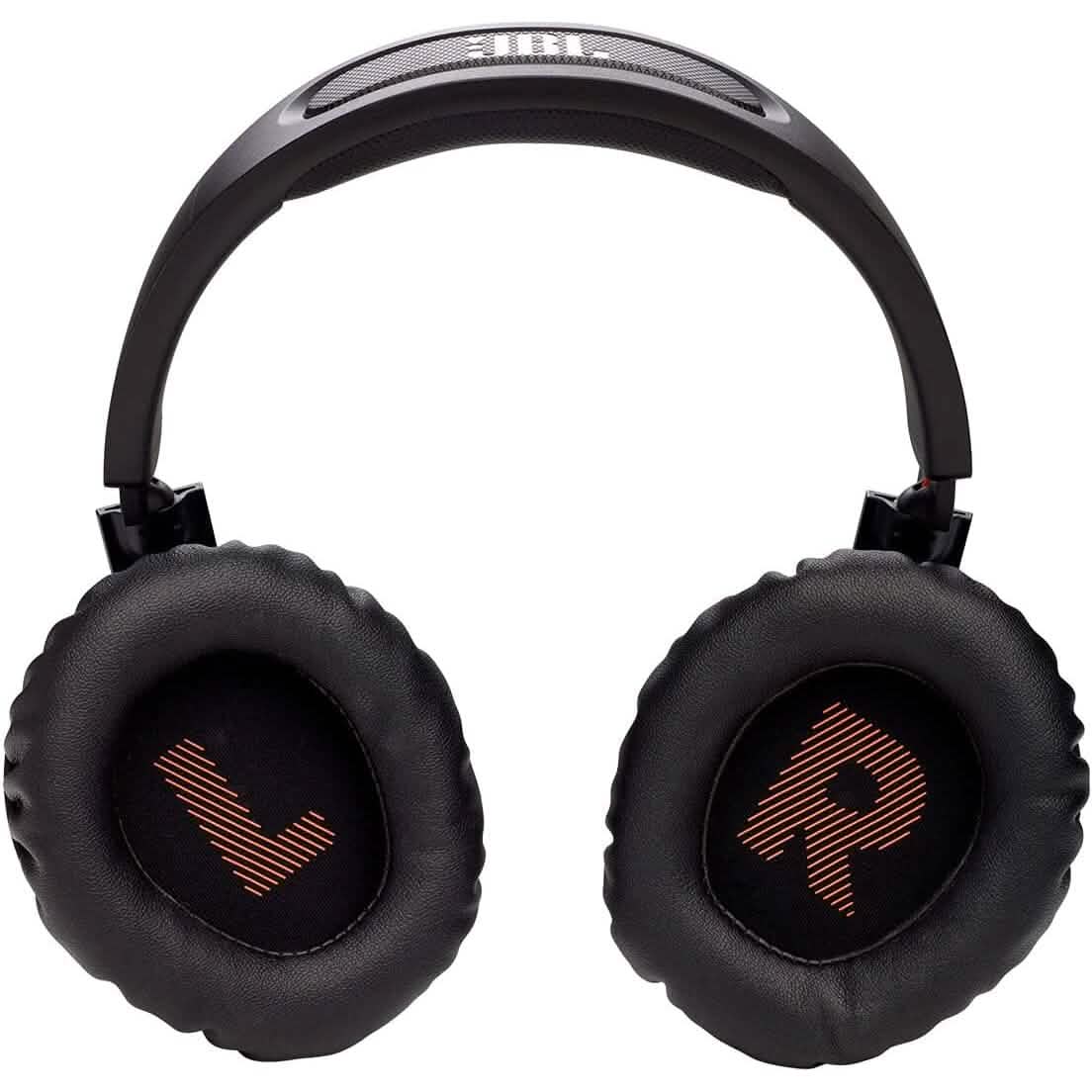 Over-ear wireless headset with round speaker grilles on black ear pads