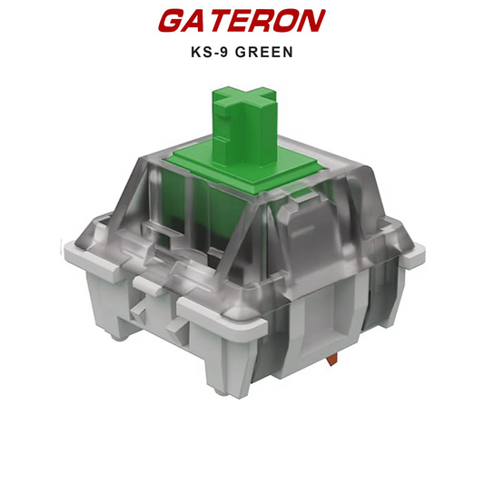 Gateron KS-9 switch with green stem and gray housing, metal slider visible