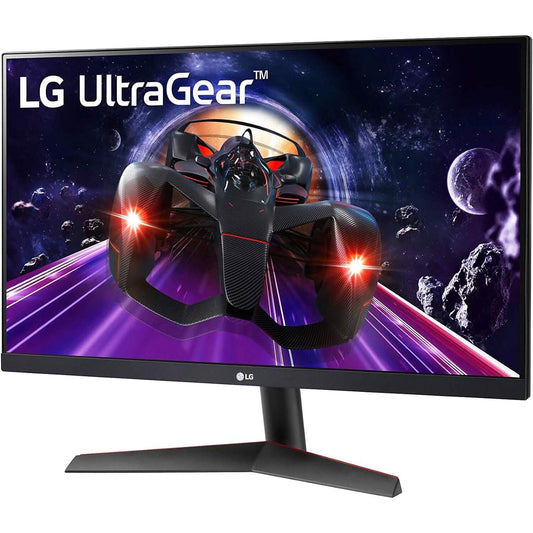 Gaming monitor front view with black bezel and V-shaped stand with red accent.