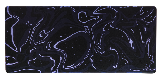 Dark desk mat with blue-purple marble swirl pattern and thin stitched border