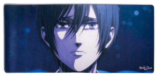Desk mat featuring a front-facing anime portrait with gray hair and bright eyes