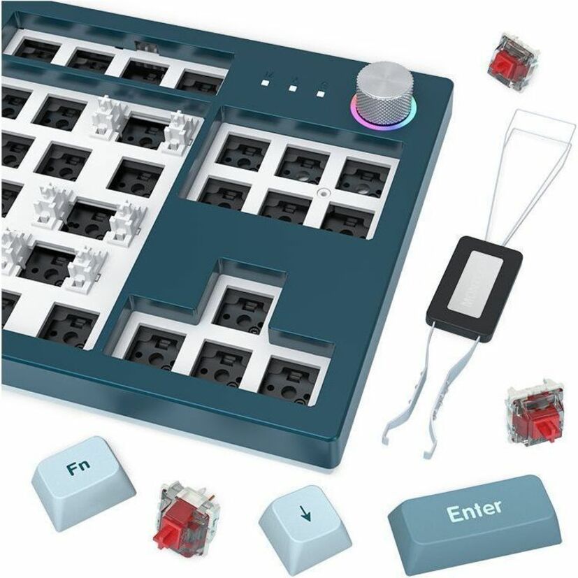 Gaming keyboard with teal case, visible switches, keycaps and Enter key
