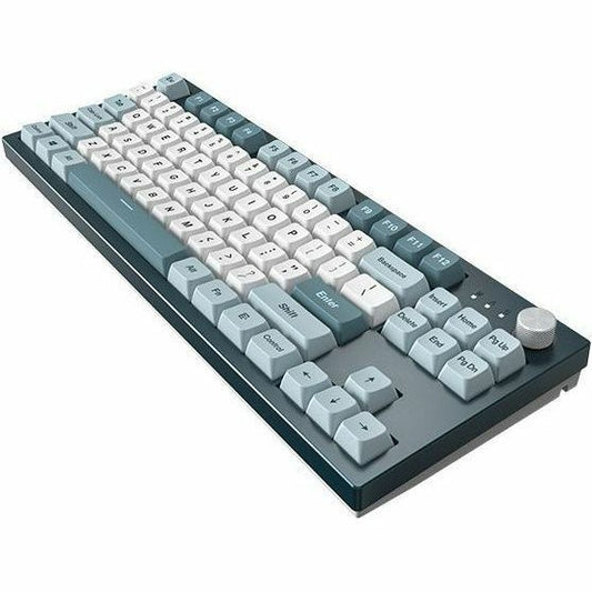 TKL gaming keyboard angled view with teal base and white keycaps with printed legends