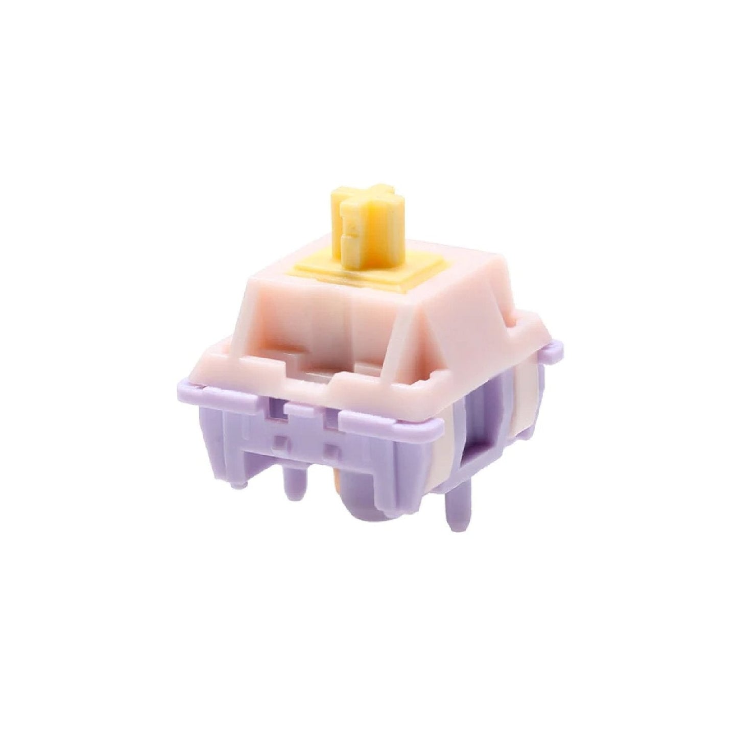 Keyboard switch top view with pale pink housing and yellow stem