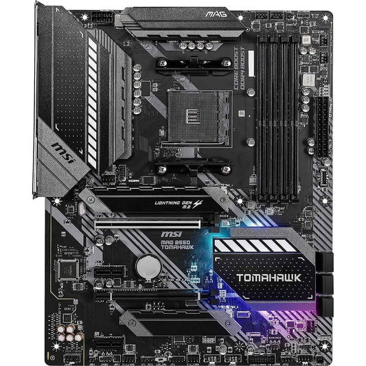 Refurbished MSI MAG B550 Tomahawk gaming motherboard, top view with socket and heatsinks