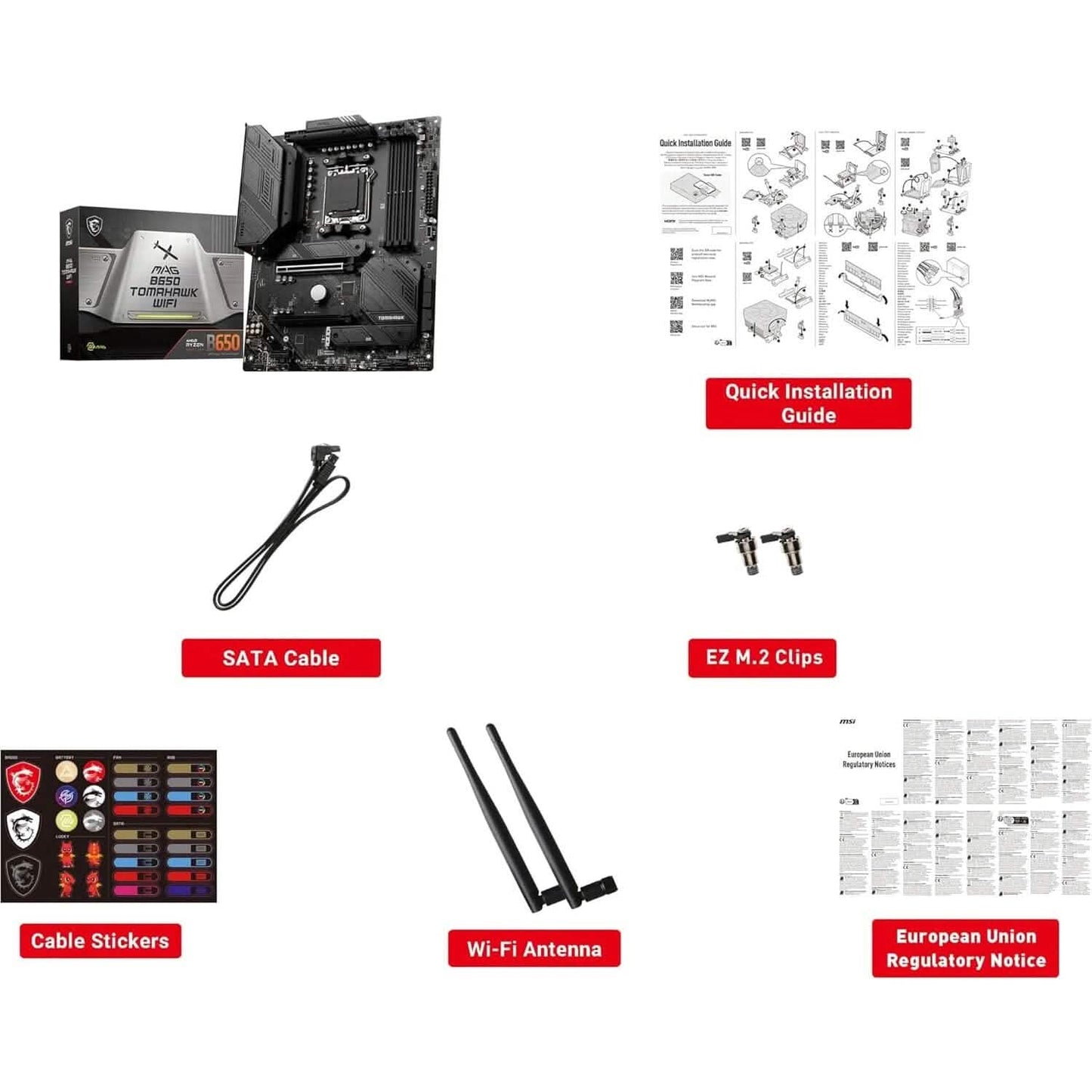 MSI MAG B650 Tomahawk WiFi motherboard kit with quick installation guide and accessories