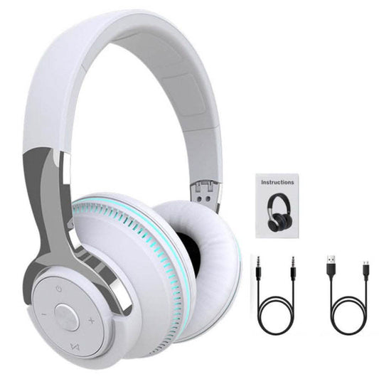 White wireless gaming headset with LED light ring and soft padded over-ear earcups