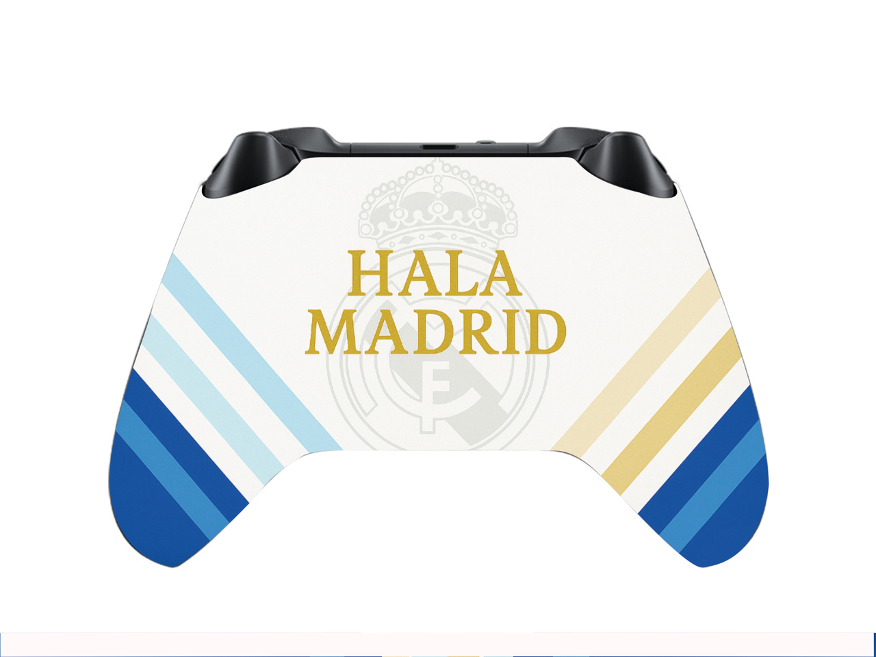 White Xbox Series X/S controller back with HALA MADRID text and Real Madrid crest