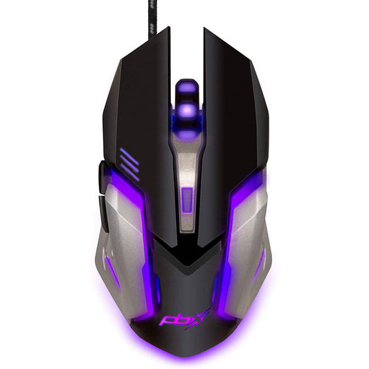 Wired gaming mouse front view in black with purple LED lighting and side buttons