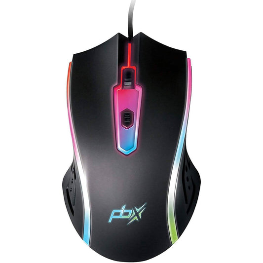 PBX wired gaming mouse top view, RGB light accents around the central DPI panel