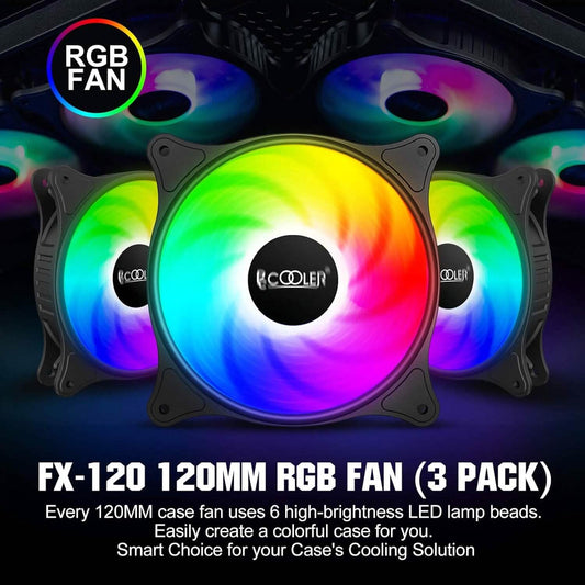 RGB 120mm case fan set, black fan frame with bright multicolor LED glow