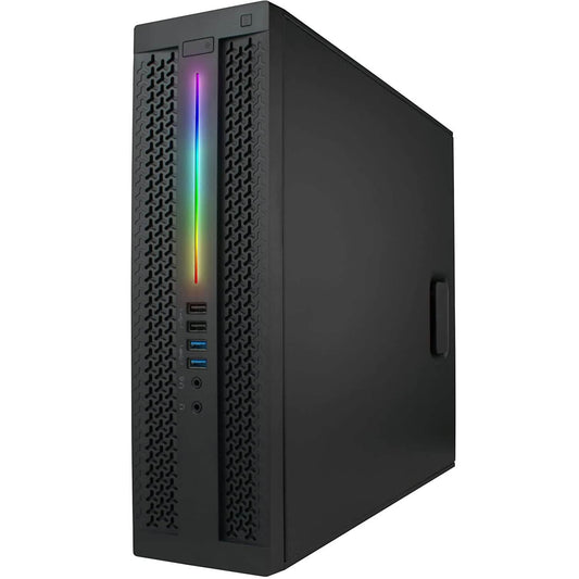 Black gaming desktop PC with textured side panel, front ports, and rainbow RGB light bar