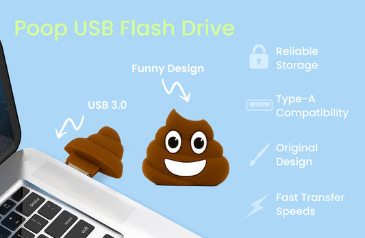 Poop emoji USB flash drive beside laptop keyboard, brown with blue USB-A plug