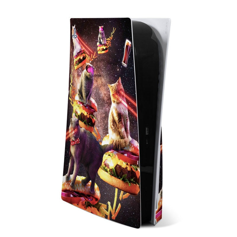 PS5 console skin with colorful cat and burger art on dark galaxy background