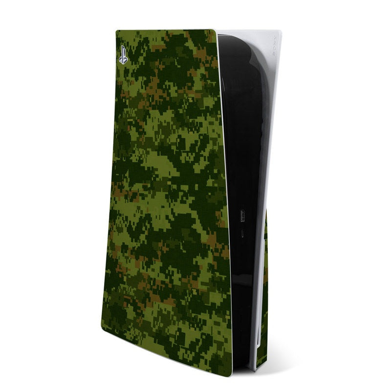 PlayStation 5 console skin with green pixel camouflage pattern, flat front panel